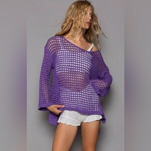 POL Purple Openwork Flare Sleeve Knit Cover Up Size Medium